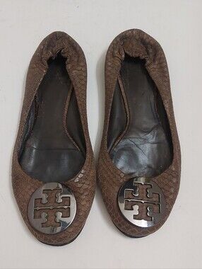 Tory Burch Brown Snakeskin-Textured Reva Ballet Flats
